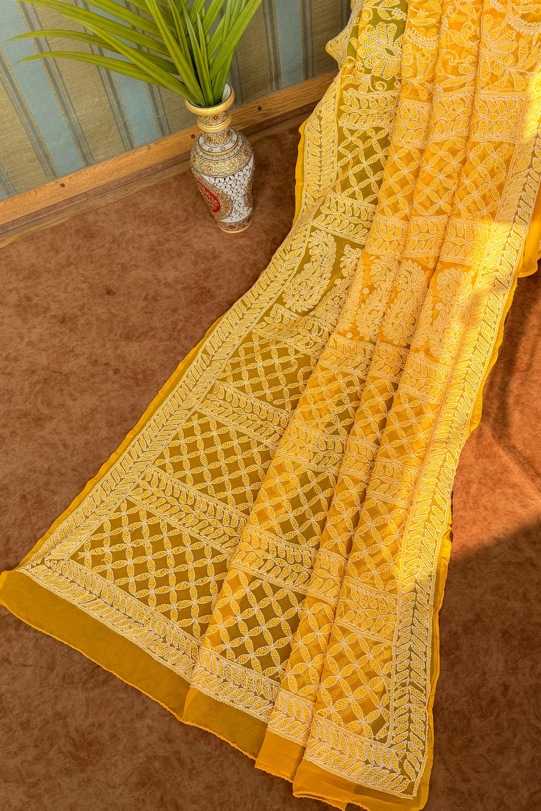 Arsh Handcrafted Georgette All Over Chikan Yellow Embroidered Saree - arshchikan