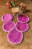 Arsh Hand Embroidered Round Coasters 13 cm, Cotton, Set of 6 in Magenta Pink