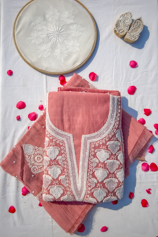 Arsh Handcrafted Mul Chanderi Kurti and Dupatta Semi Stitched Set