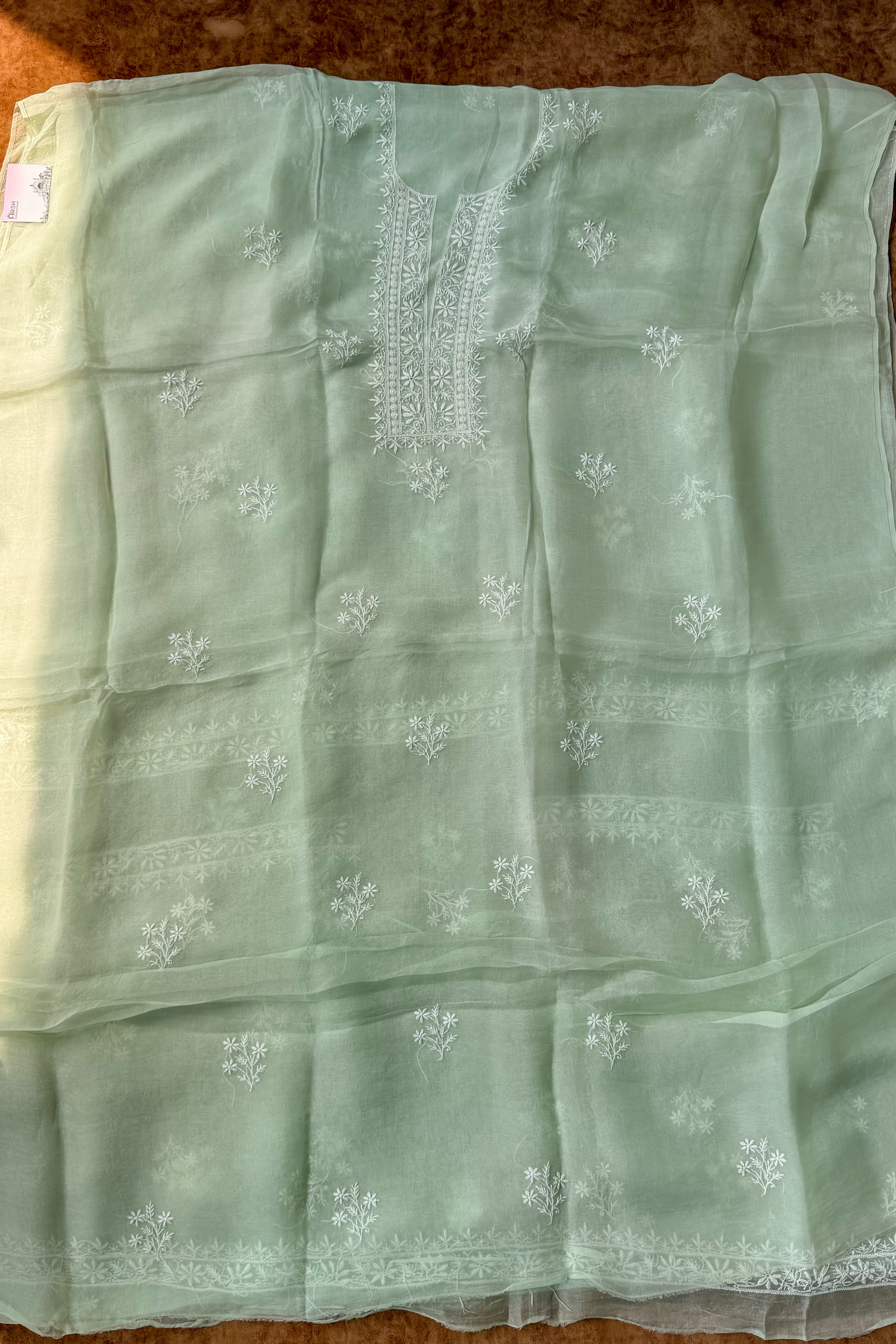 Arsh Handcrafted Mint Green Pure Organza Kurta and Dupatta set - arshchikan