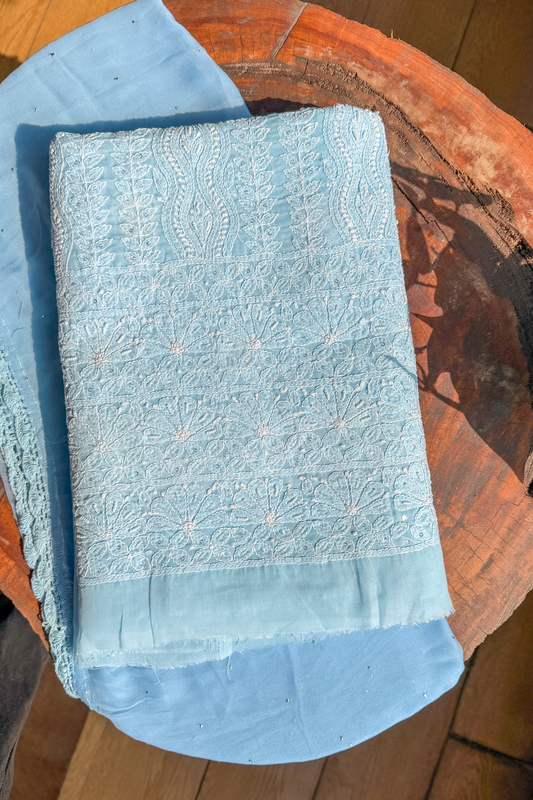 Arsh Handcrafted Blue Cotton Unstitched Chikankari 3pc Suit - arshchikan