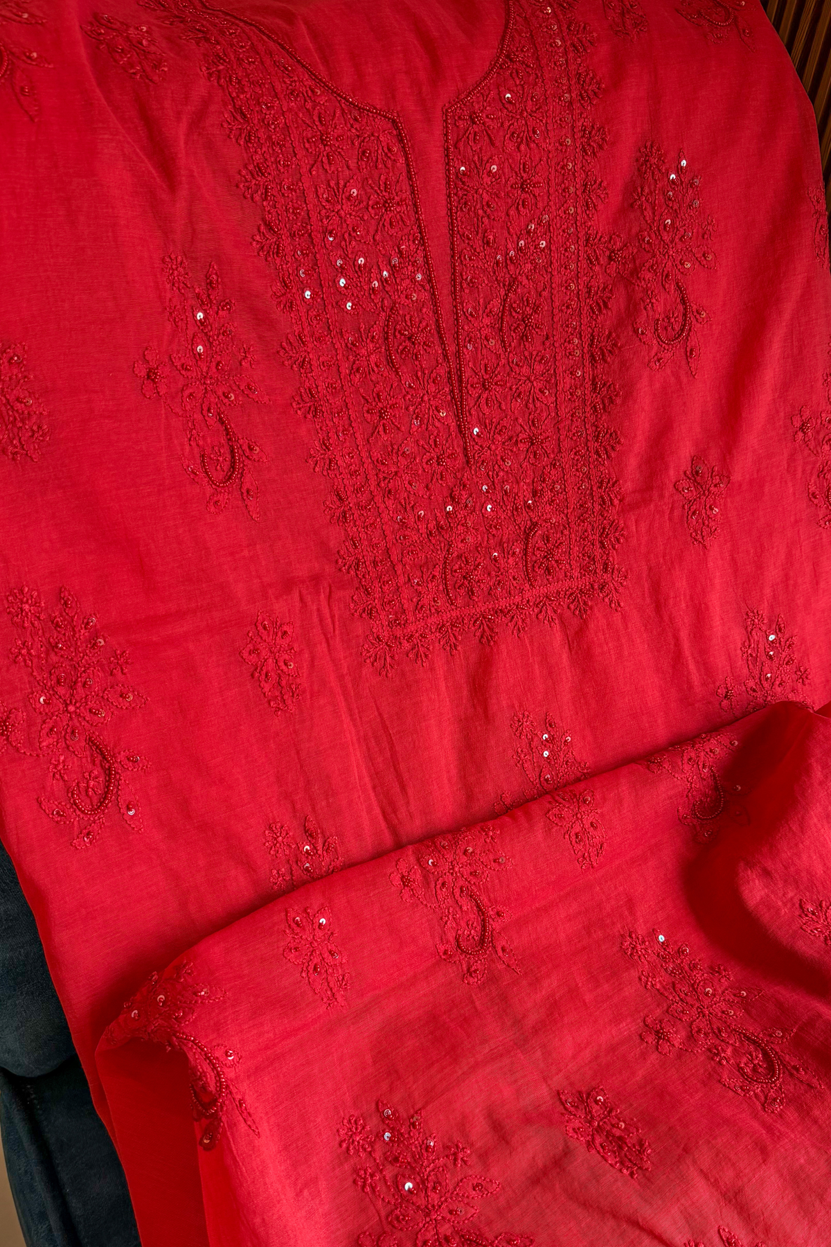 Arsh Hand Embroidered Mul Chanderi Red Chikankari 3pc Suit Set