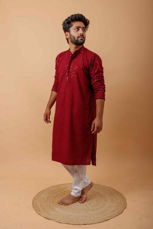 Arsh Maroon All Over Embroidered With Sequins Men's Kurta