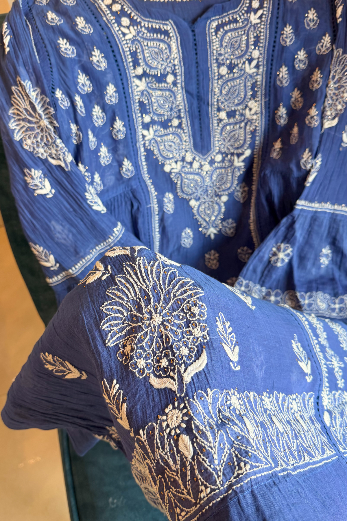 Arsh Handcrafted Mul Chanderi chikankari Kurti