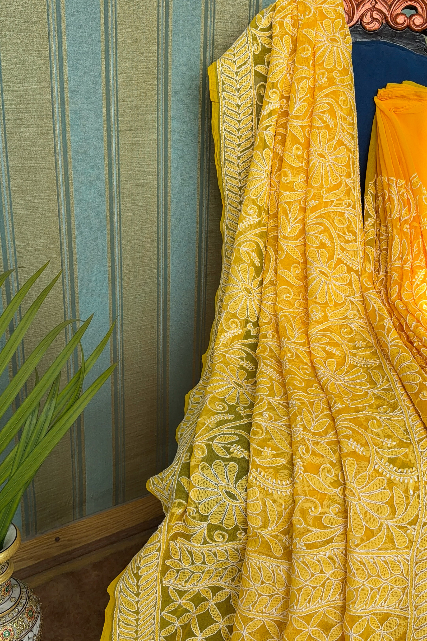 Arsh Handcrafted Georgette All Over Chikan Yellow Embroidered Saree - arshchikan