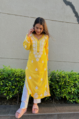 Arsh Handcrafted Yellow Salab Cotton Chikankari Kurti