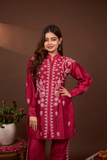 Arsh Handcrafted Chanderi Silk Red Colour Chikankari Semi Stiched Coord Set