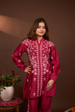 Arsh Handcrafted Chanderi Silk Red Colour Chikankari Semi Stiched Coord Set