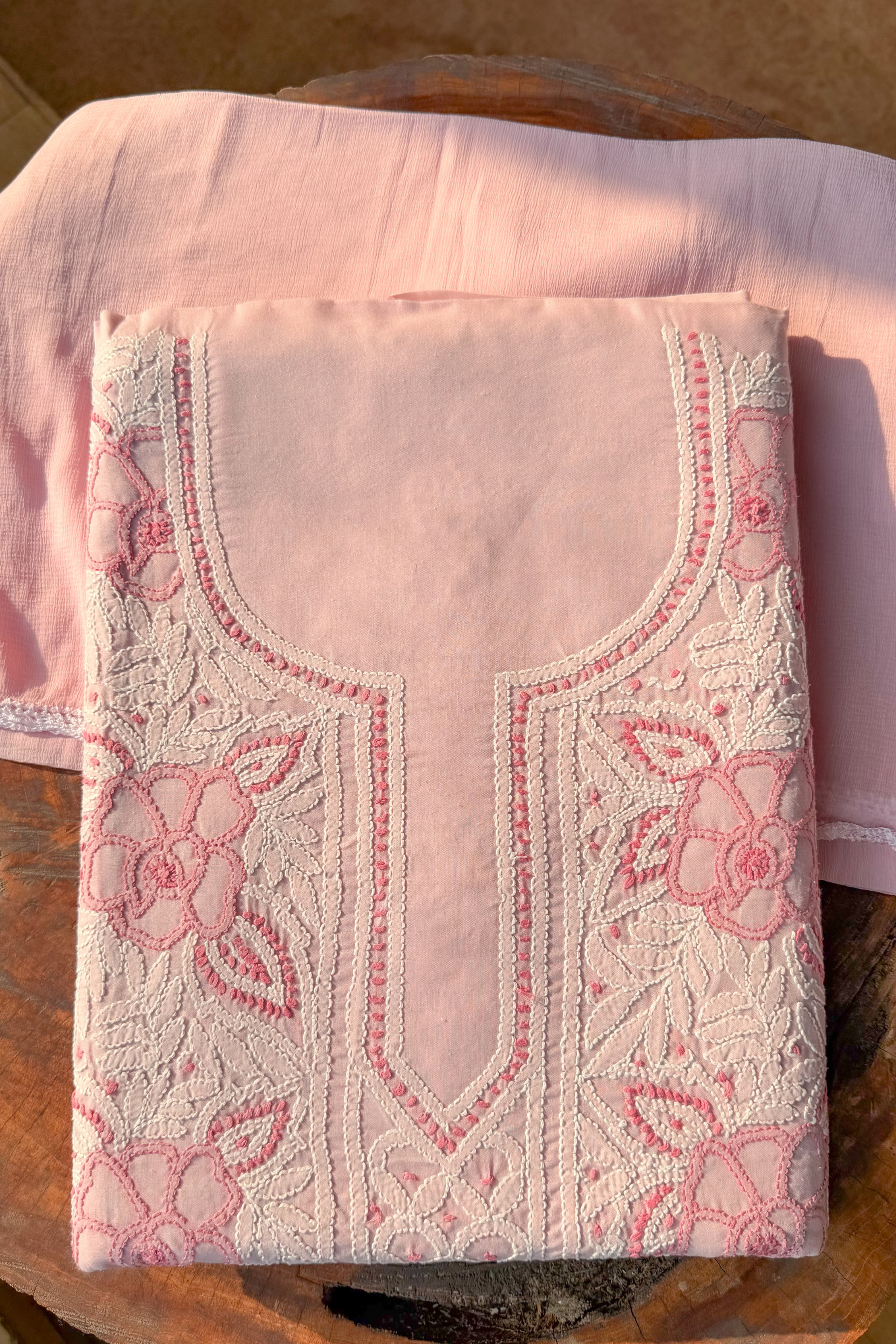 Arsh Handcrafted Onion Pink Cotton Unstitched Chikankari 3pc Suit Set - arshchikan