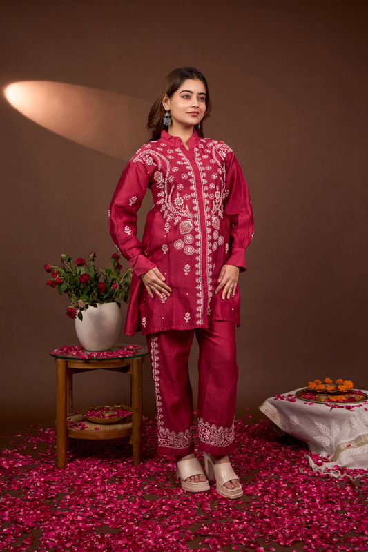 Arsh Handcrafted Chanderi Silk Red Colour Chikankari Semi Stiched Coord Set