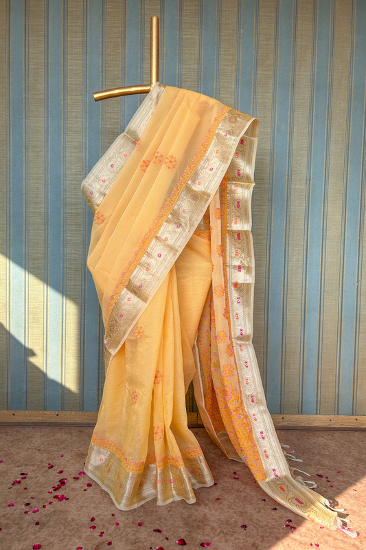 Arsh handcrafted Chikankari Kota Silk Banarasi Saree