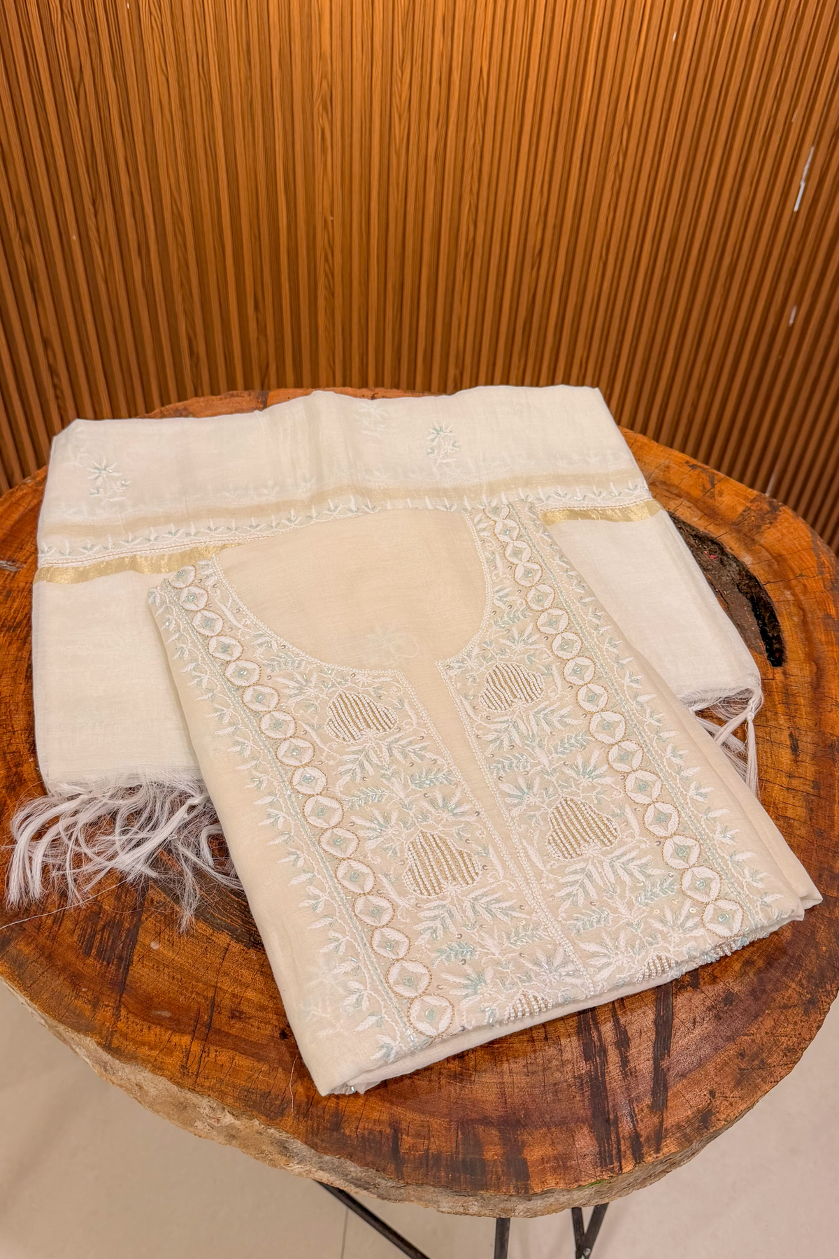 Arsh Handmade Mul Chanderi Unstitched Chikankari Kurti and Dupatta set