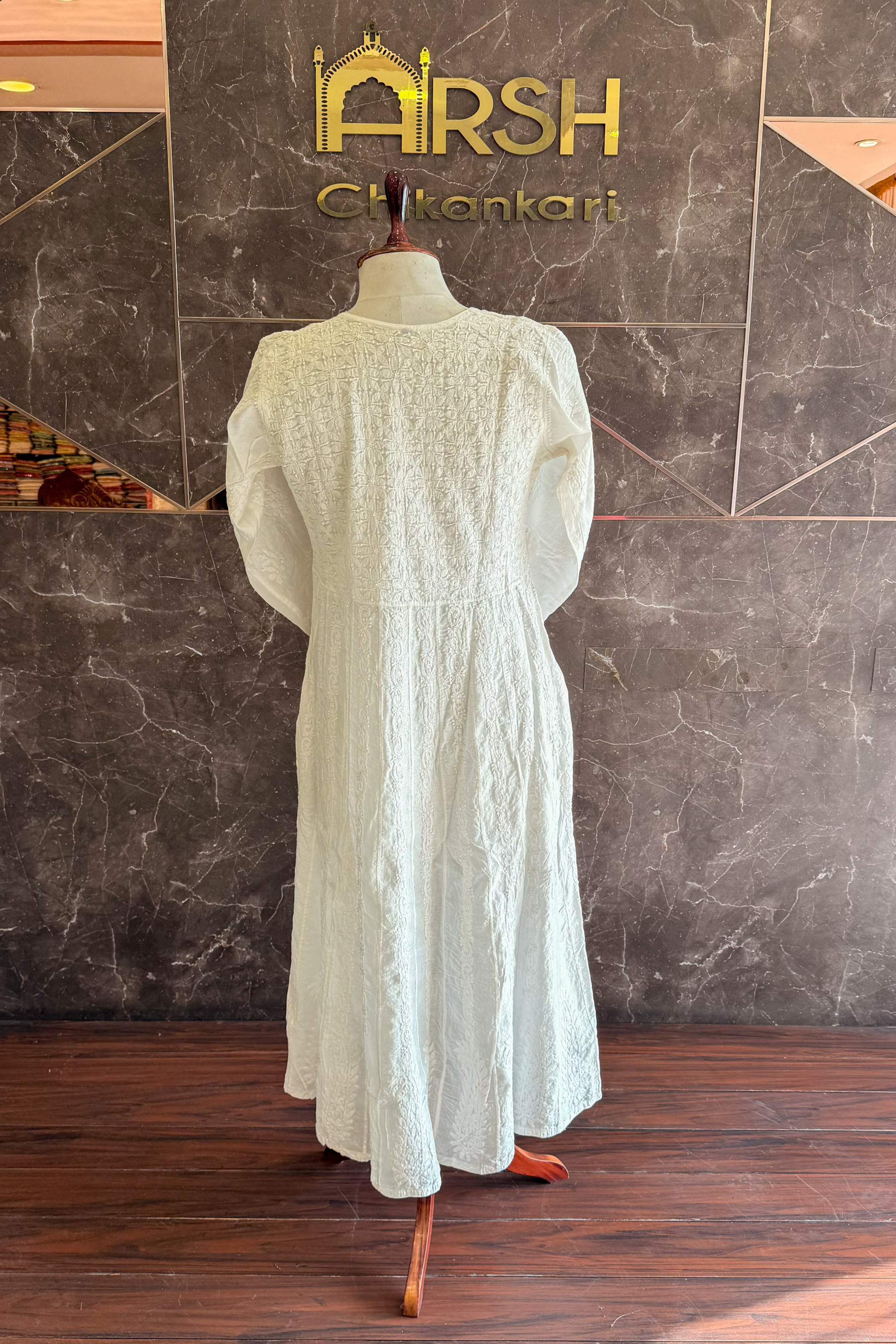 Arsh Handcrafted Pure Cotton White Chikan Angarkha - arshchikan