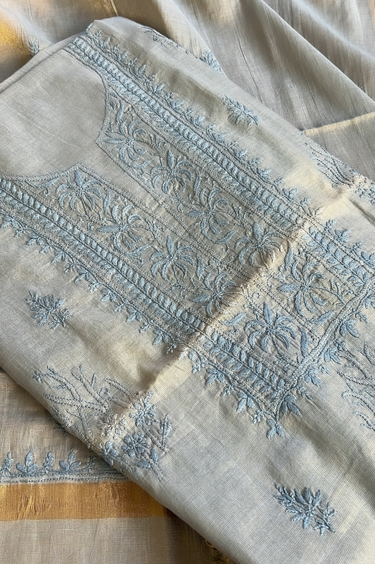 Arsh Handcrafted Tissue Chanderi Kurti and Dupatta Chikankari Set