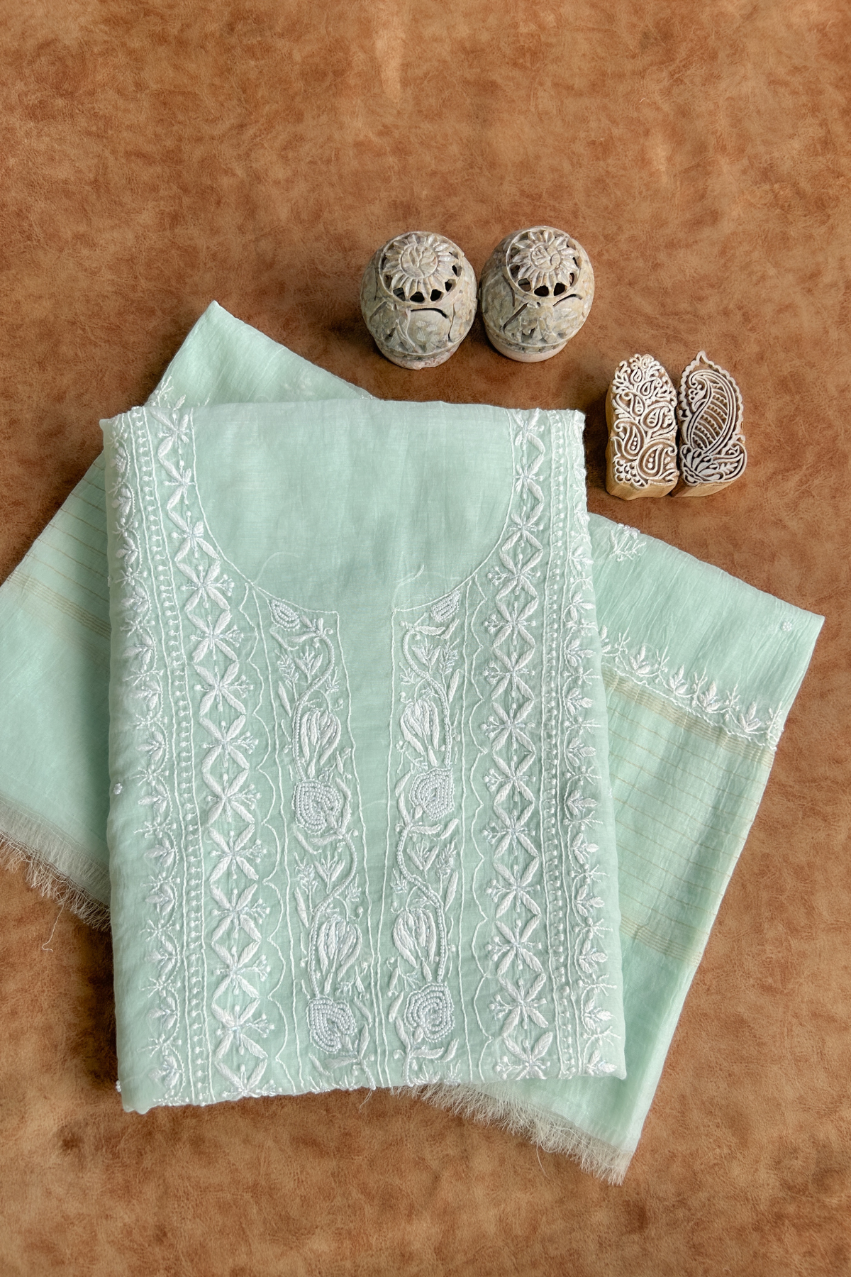 Arsh Handcrafted Mul Chanderi Unstitched Chikankari Kurti and Dupatta set