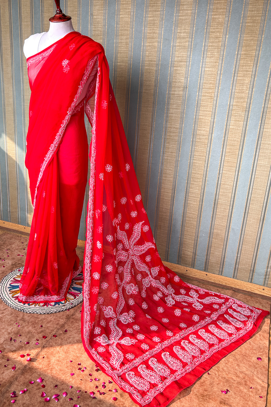 Arsh Handcrafted Semi Georgette Heavy Palla Red Chikan Embroidered Saree