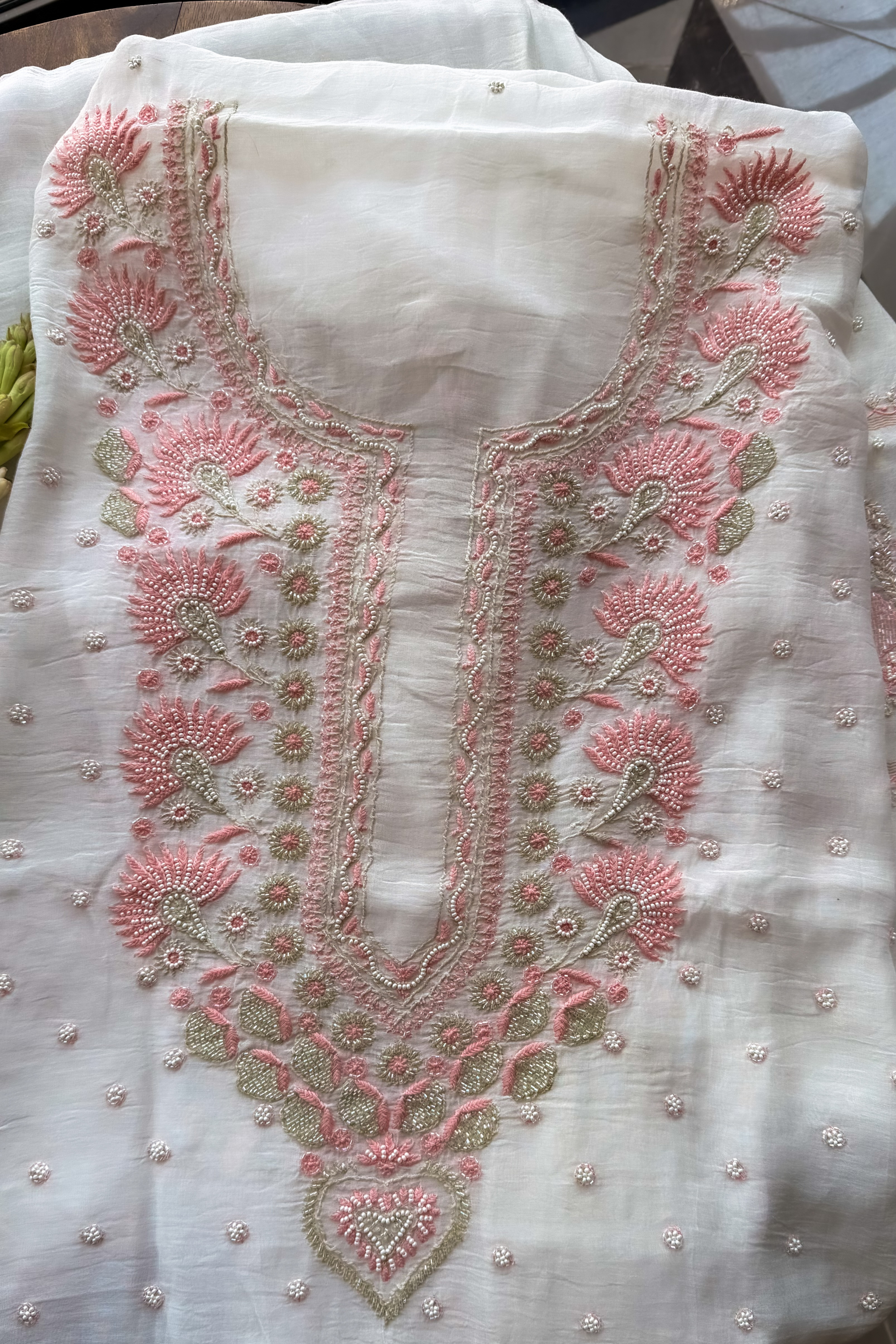 Arsh Handcrafted Mul Chanderi Unstitched Chikankari Kurti and Dupatta set - arshchikan