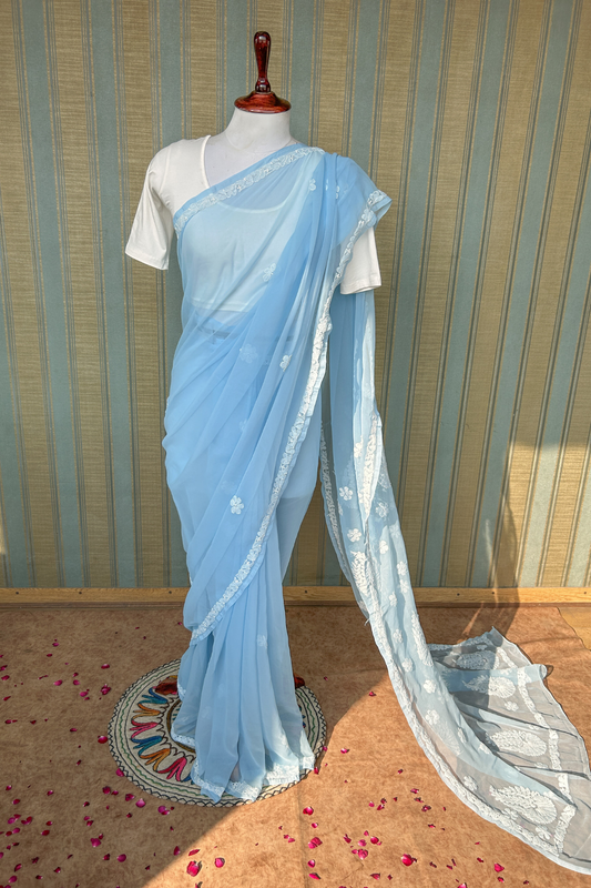 Arsh Handcrafted Semi Georgette Heavy Palla Blue Chikan Embroidered Saree