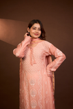 Arsh Handcrafted Mul Chanderi Peach Kalidar Kurti and Dupatta Semi Stitched Set