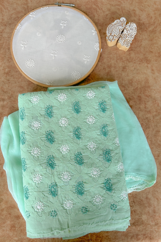 Arsh Handcrafted Green All Over Daraj Keel Cotton Unstitched Chikan 3pc Suit