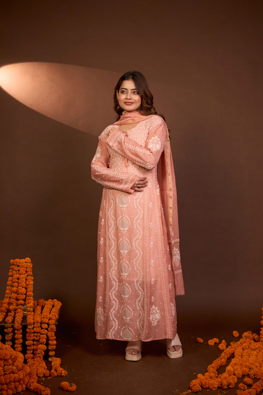 Arsh Handcrafted Mul Chanderi Peach Kalidar Kurti and Dupatta Semi Stitched Set