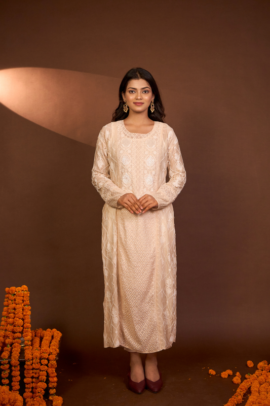 Arsh Handcrafted Mul Chanderi Beige Kurti and Dupatta Semi Stitched Set