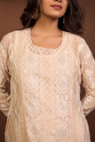Arsh Handcrafted Mul Chanderi Beige Kurti and Dupatta Semi Stitched Set