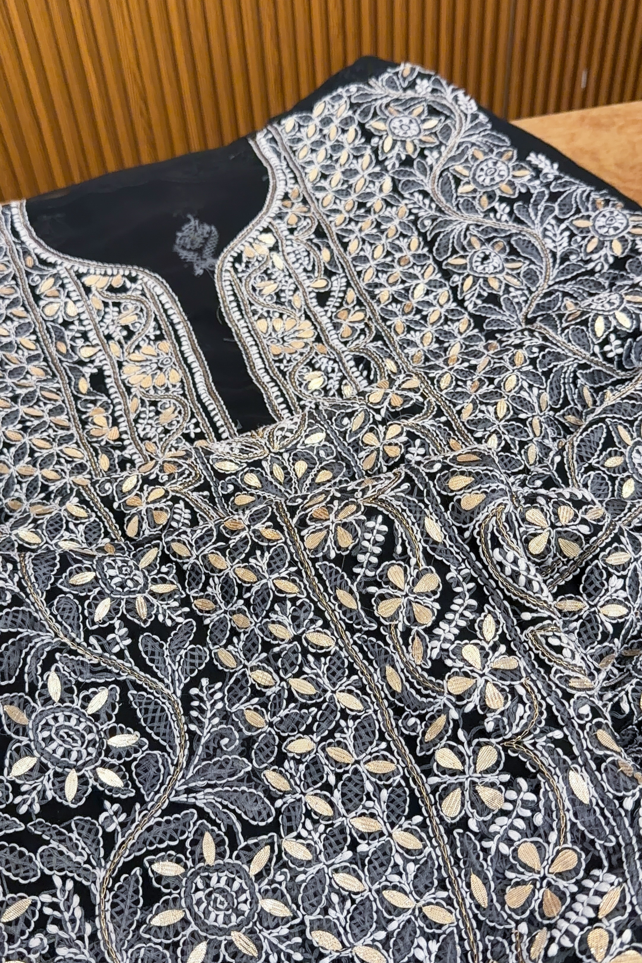 Arsh Handcrafted Black Semi Georgette Unstitched Gota Patti Chikankari 3pc Suit - arshchikan