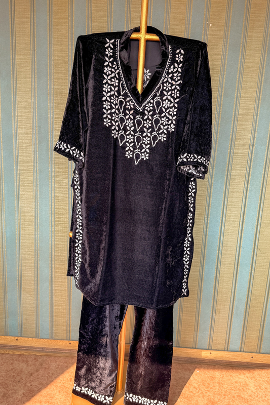 Arsh Handcrafted Velvet Chikankari Semi Stiched Coord Set