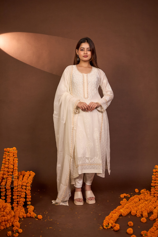 Arsh Crafted Mul Chanderi Kurti and Dupatta Semi Stitched Pakistani Set