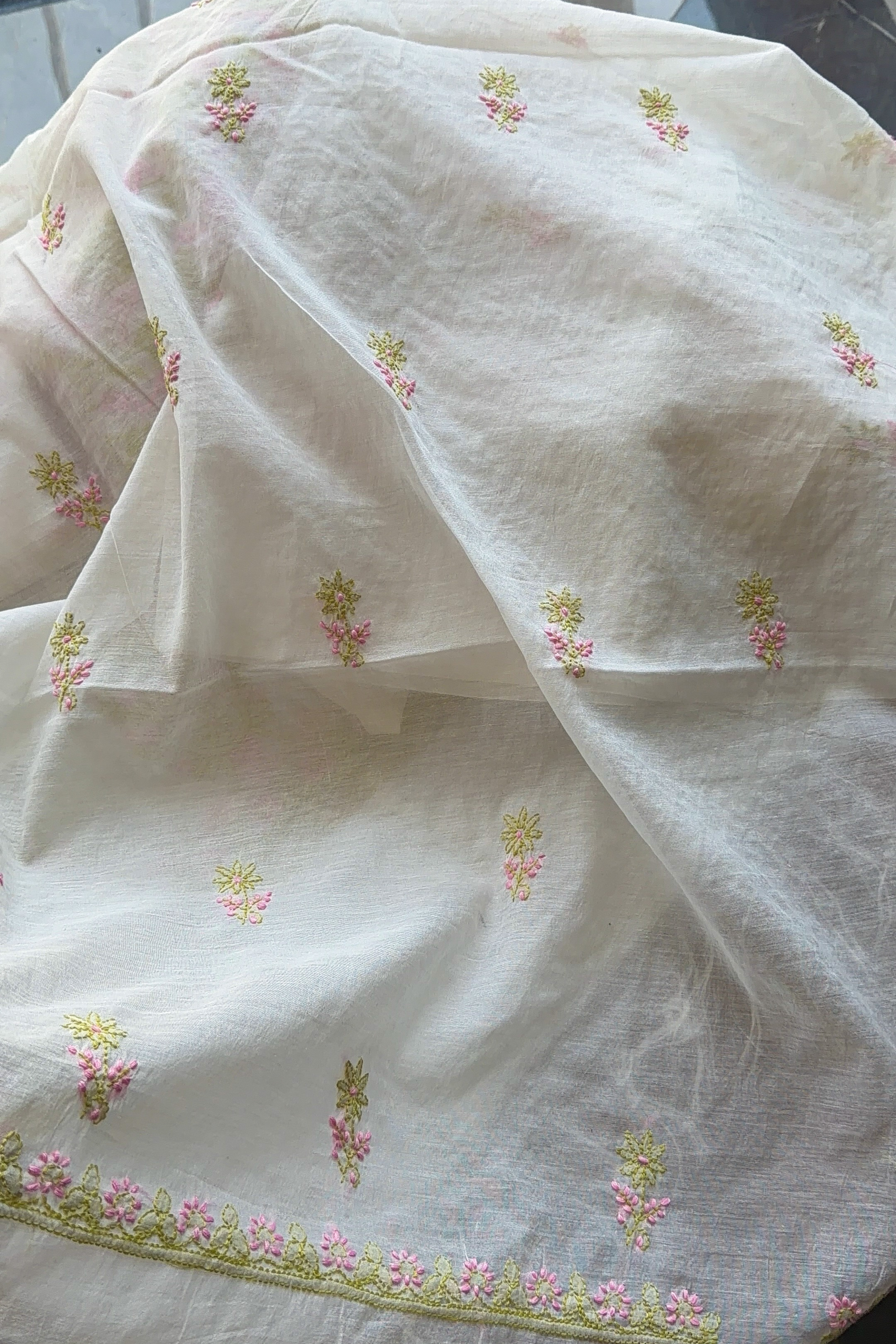 Arsh Handcrafted Mul Chanderi Unstitched Chikankari Kurti and Dupatta set - arshchikan