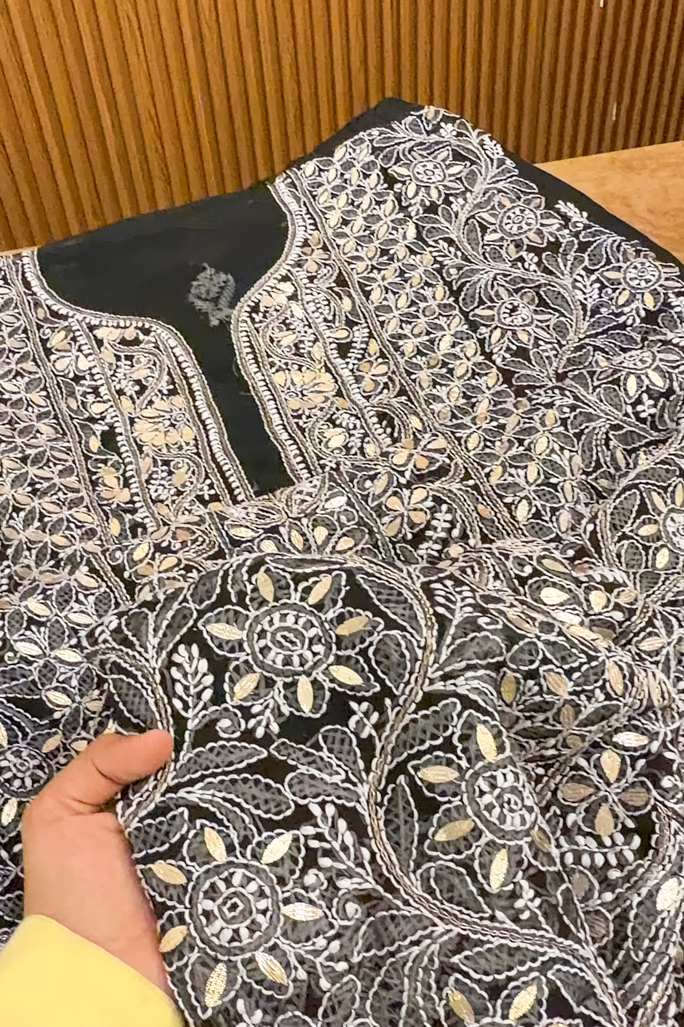 Arsh Handcrafted Black Semi Georgette Unstitched Gota Patti Chikankari 3pc Suit - arshchikan