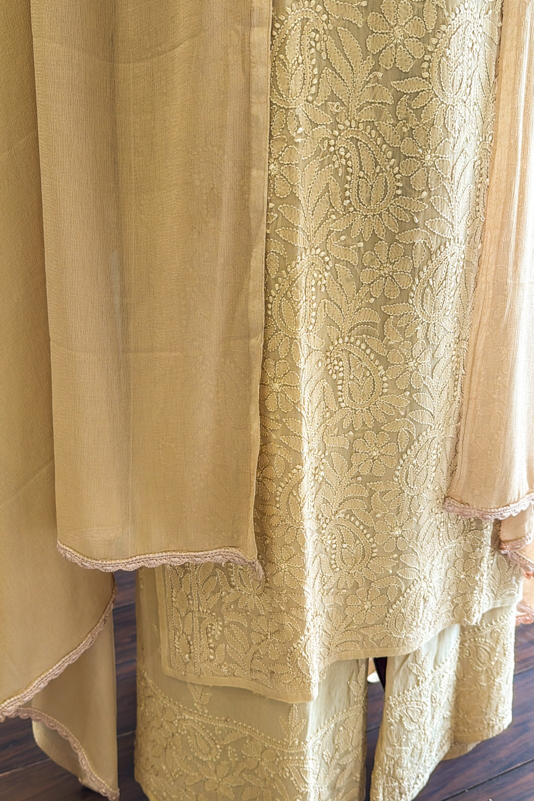 Arsh Handcrafted Kurta, Dupatta and Plazzo Set dyed in Beige Colour - arshchikan