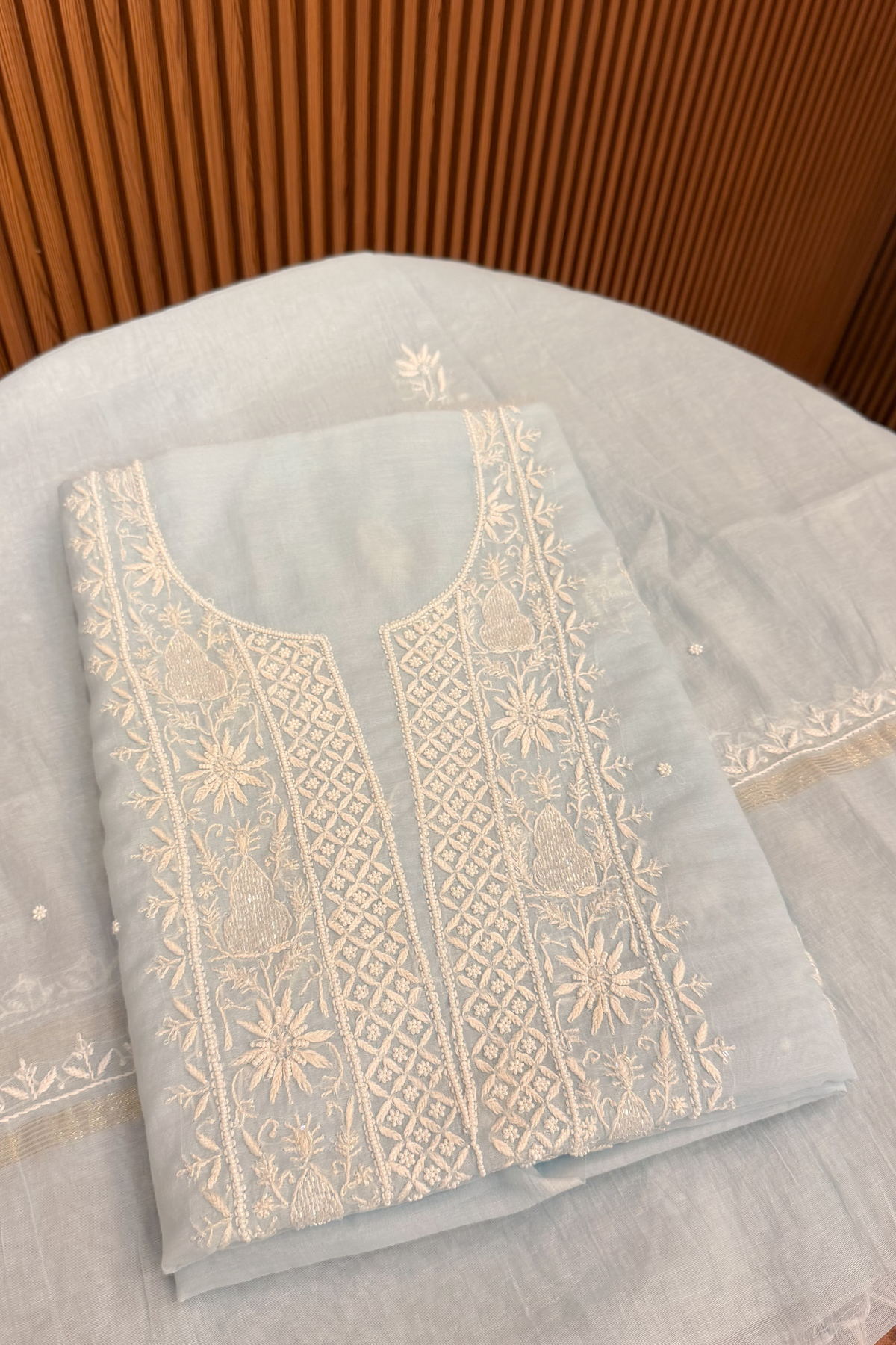 Arsh Handcrafted Mul Chanderi Unstitched Chikankari Kurti and Dupatta set