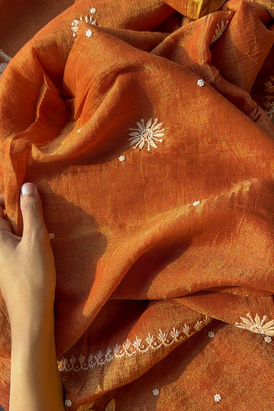 Arsh Handcrafted Rust Pure Tissue Kurti and Dupatta Semi Stitched Set