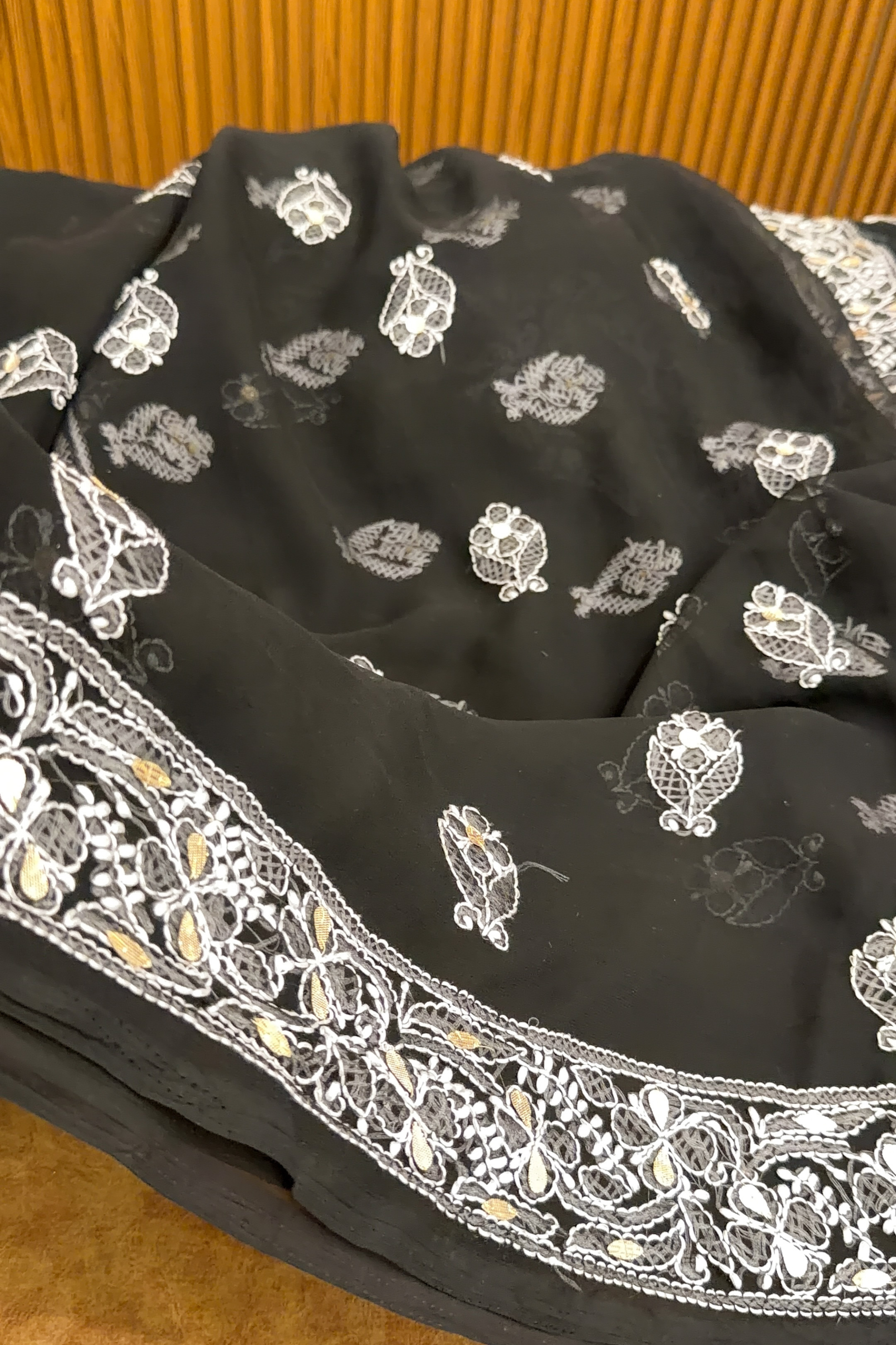 Arsh Handcrafted Black Semi Georgette Unstitched Gota Patti Chikankari 3pc Suit - arshchikan