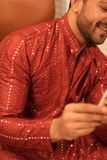 Arsh Maroon Red All Over Embroidered With Mirror Work Men's Kurta