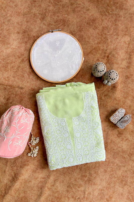 Arsh Handcrafted Light Green Pure Georgette Unstitched Chikankari 3pc Suit