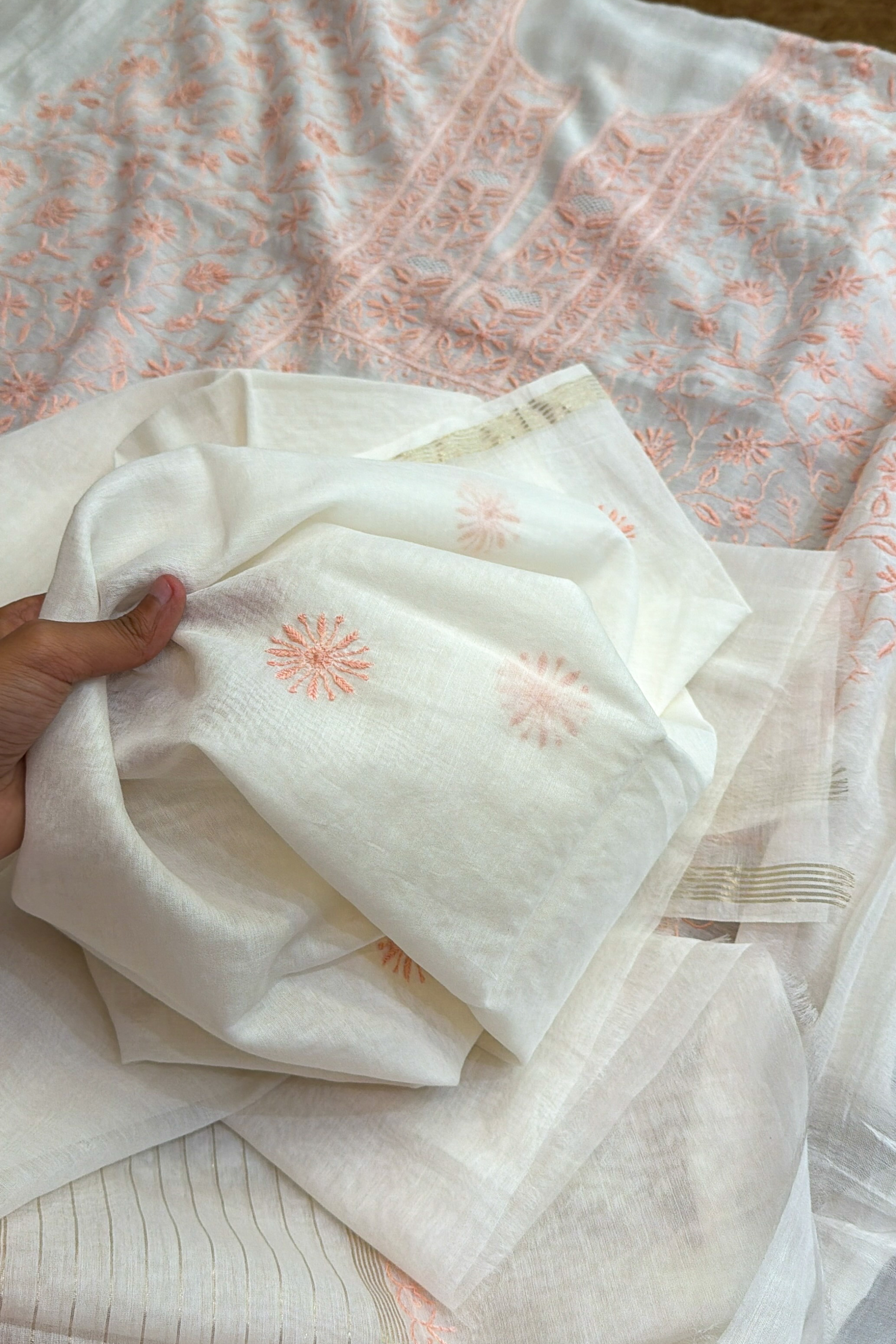 Arsh Handcrafted Mul Chanderi Unstitched Chikankari Kurti and Dupatta set - arshchikan