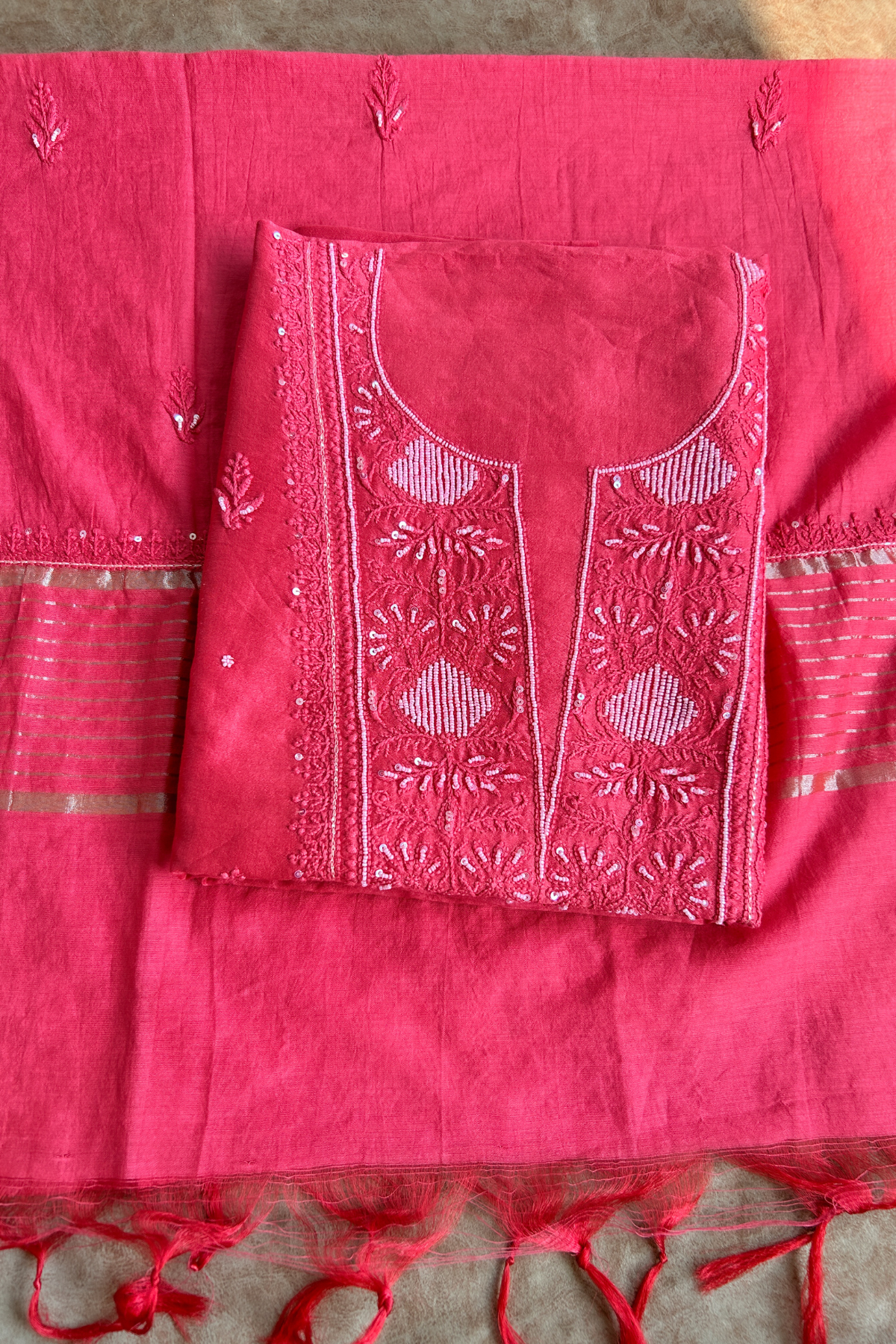 Arsh Handcrafted Chanderi Silk Kurti and Dupatta Semi Stitched Set