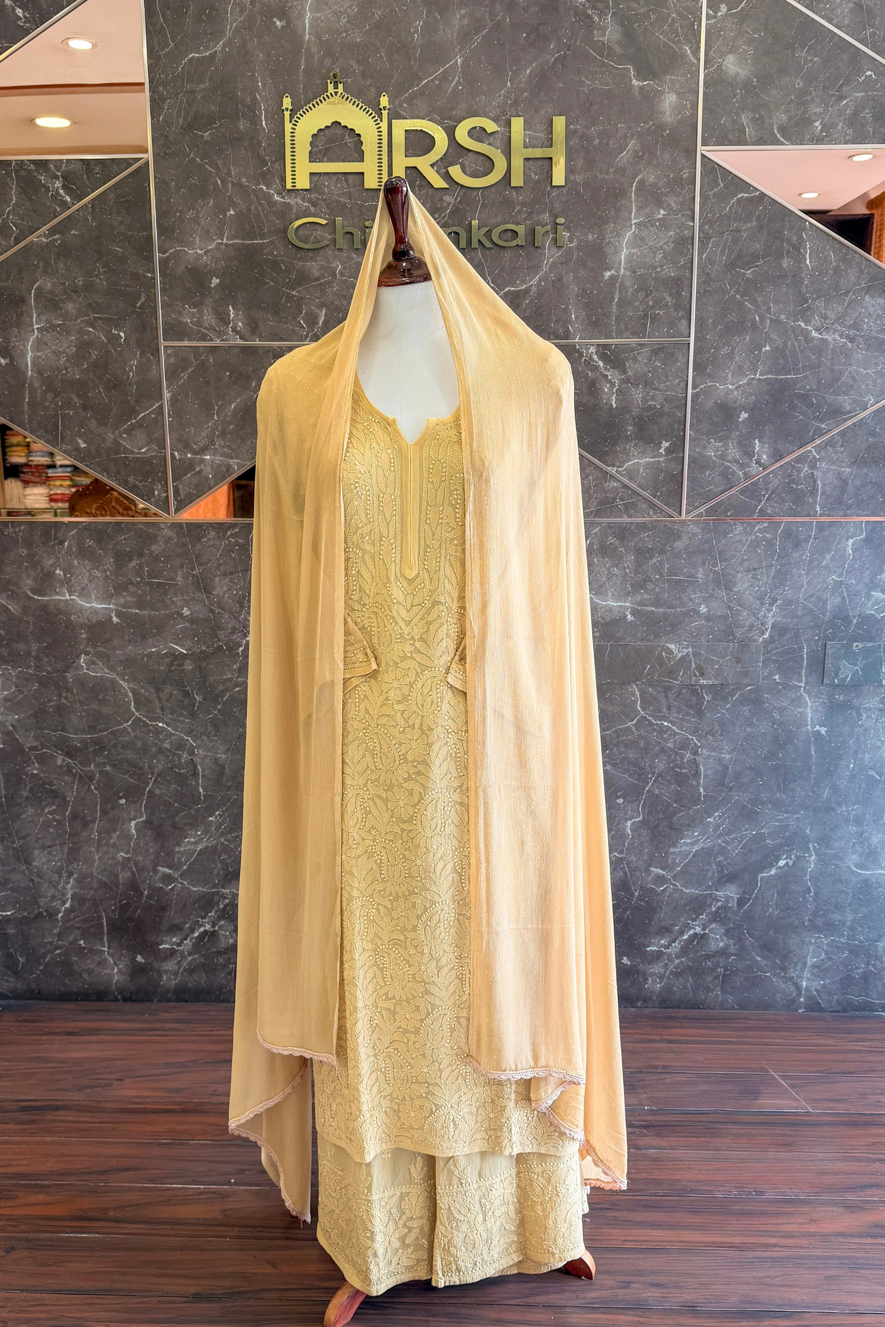 Arsh Handcrafted Kurta, Dupatta and Plazzo Set dyed in Beige Colour - arshchikan