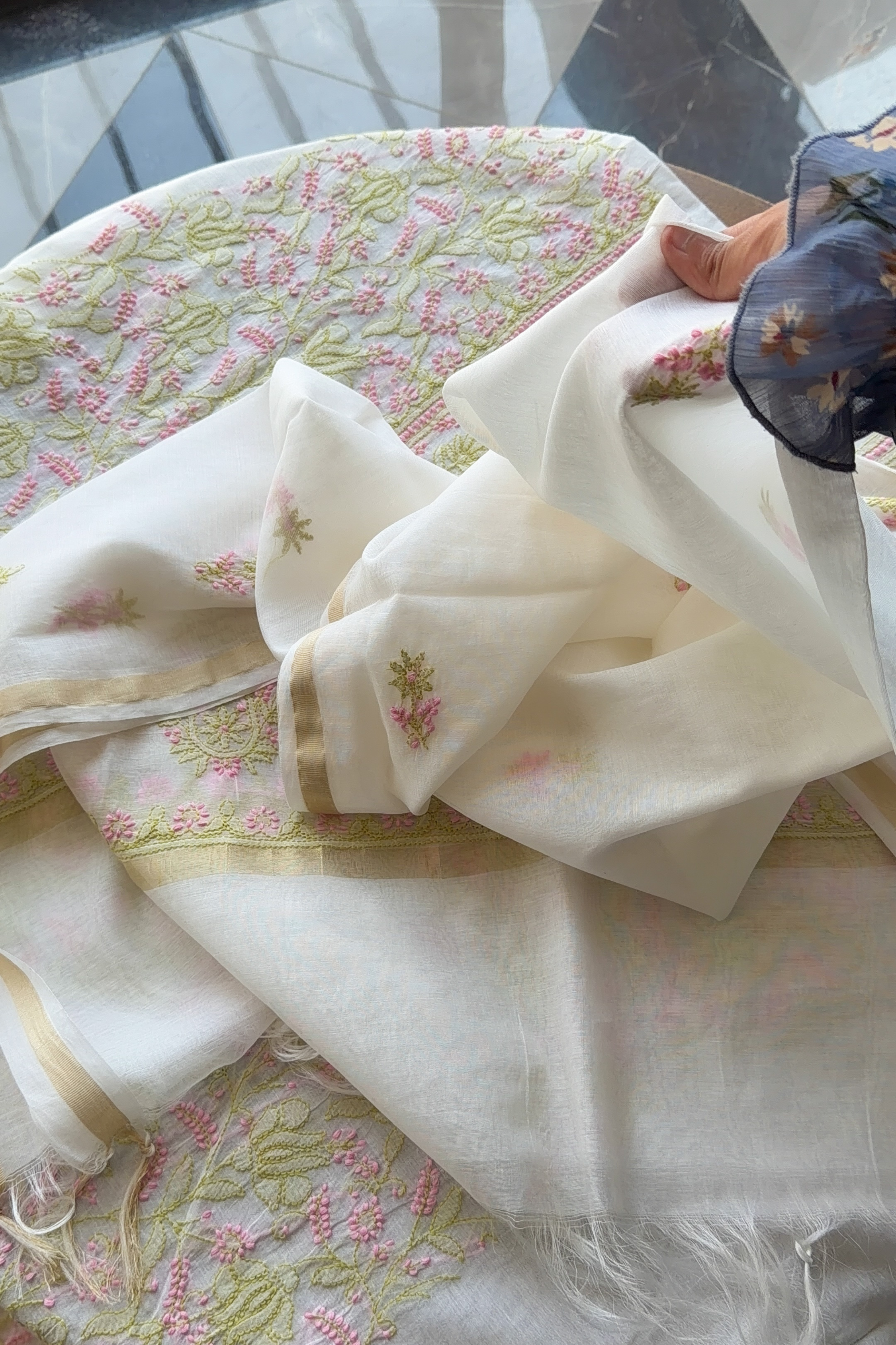 Arsh Handcrafted Mul Chanderi Unstitched Chikankari Kurti and Dupatta set - arshchikan