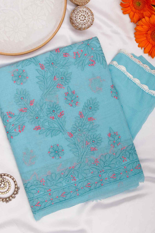 Arsh Handcrafted Marine Blue Cotton Unstitched Chikankari 3pc Suit