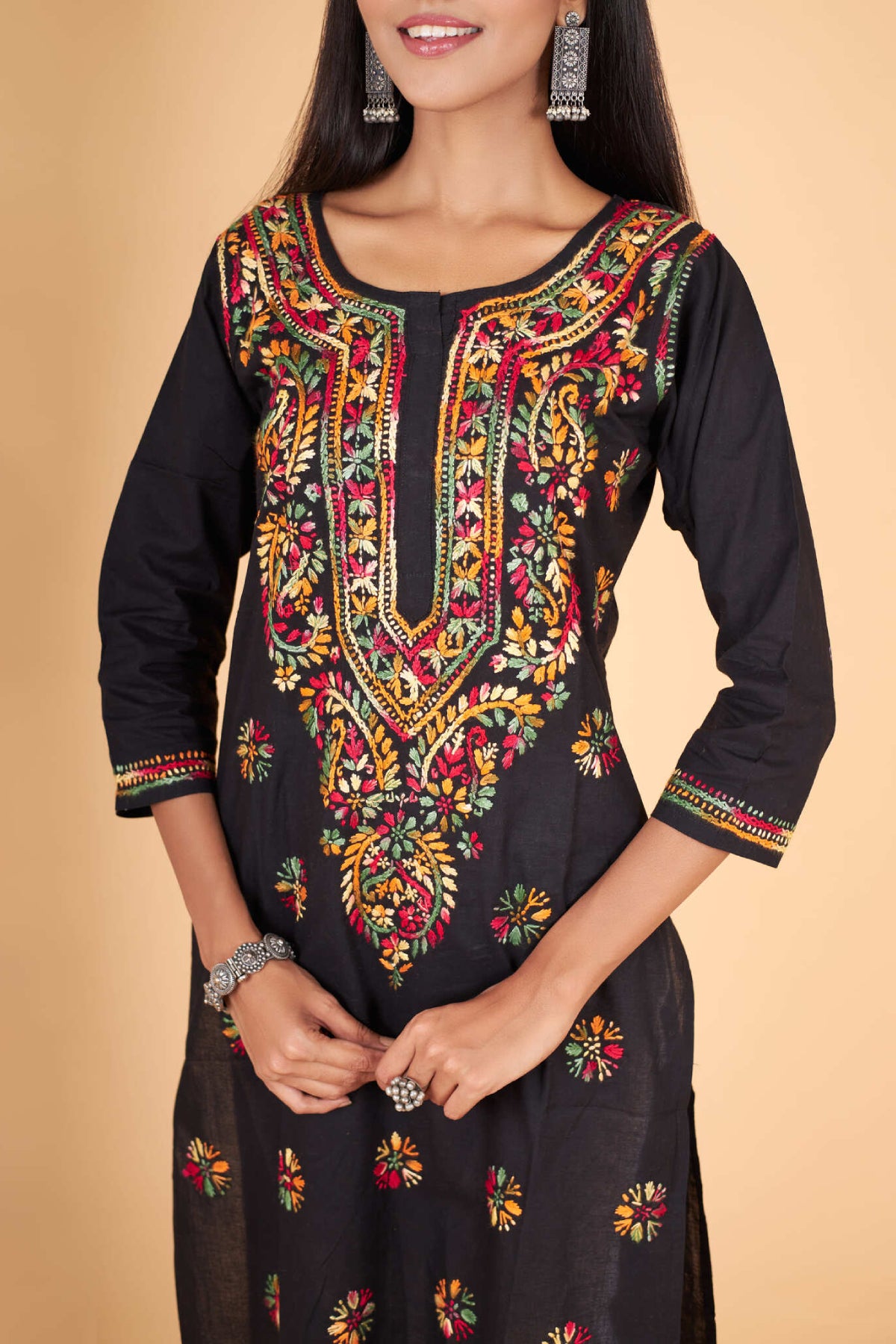 Arsh Handcrafted Multi on Black Pure Cotton Kurti