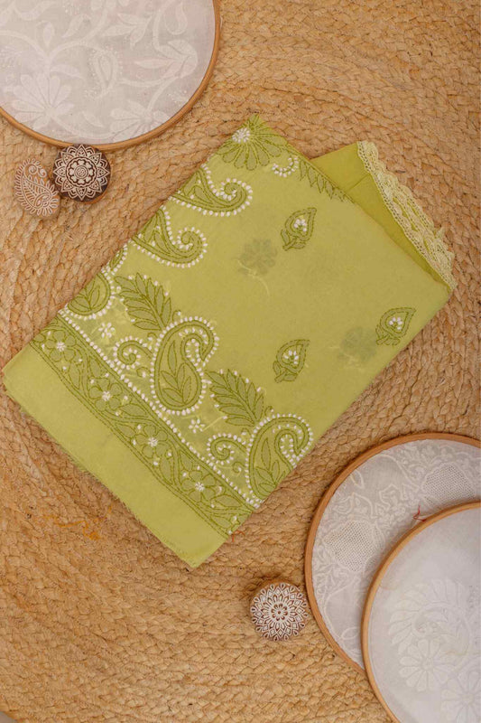 Arsh Handcrafted Green Cotton Unstitched Chikankari 3pc Suit