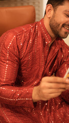 Arsh Maroon Red All Over Embroidered With Mirror Work Men's Kurta