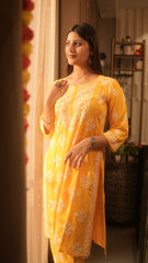 Arsh Handcrafted Kurti And Plazzo 2 pc Chikankari Set in Mango Yellow Colour