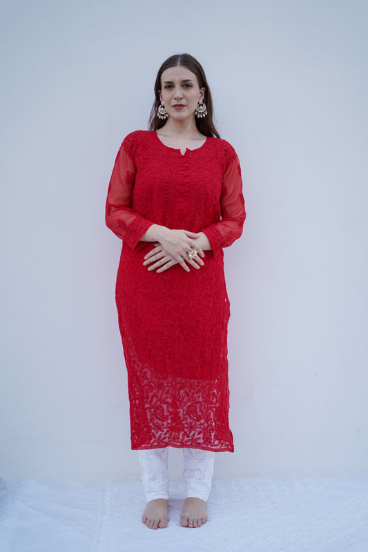 Arsh Handcrafted Red Semi Georgette Chikan Kurti