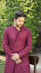 Arsh Maroon All Over Embroidered With Sequins Men's Kurta