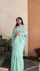 Arsh Handcrafted Georgette All Over Chikan Tepchi Embroidered Saree